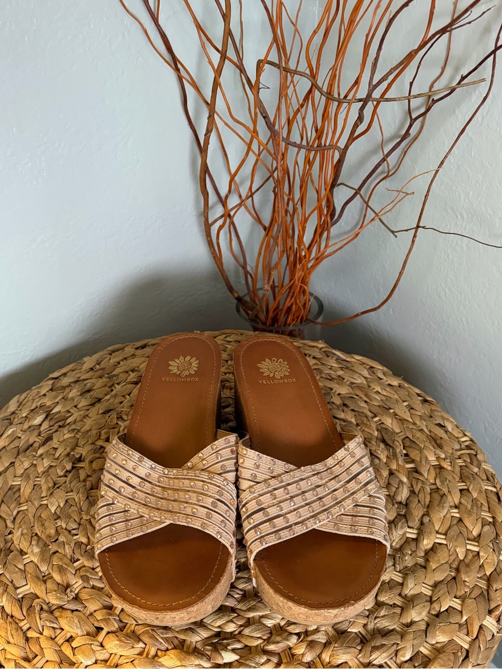 YELLOW BOX STUDDED CROSSOVER CORK STYLED SLIDE SANDALS